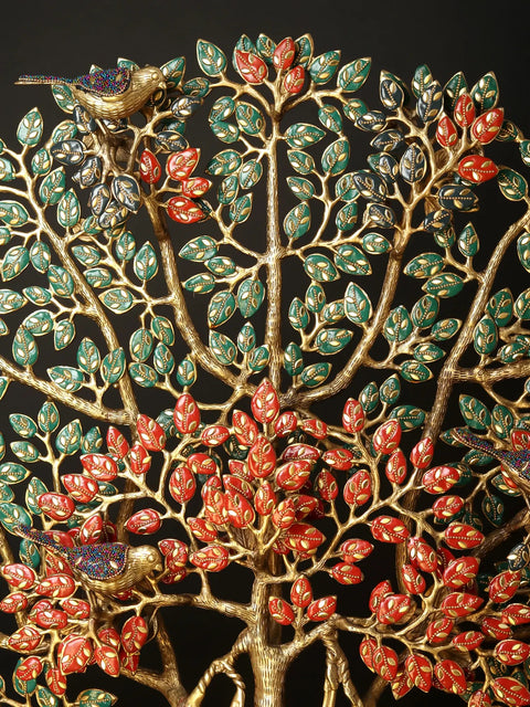 34" Large Tree of Life with Perched Birds | Brass With Inlay Work