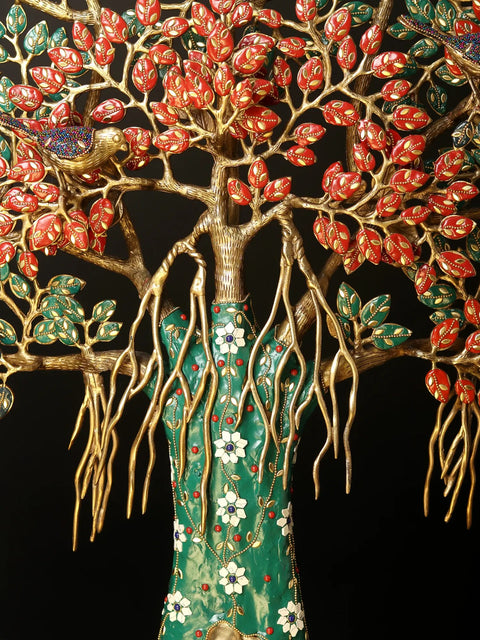 34" Large Tree of Life with Perched Birds | Brass With Inlay Work