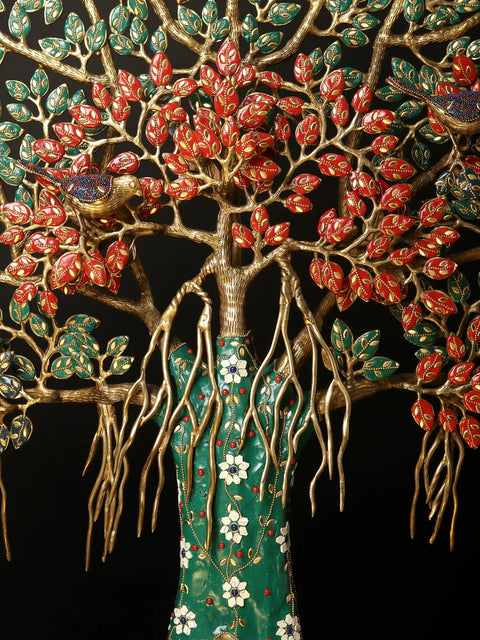 34" Large Tree of Life with Perched Birds | Brass With Inlay Work