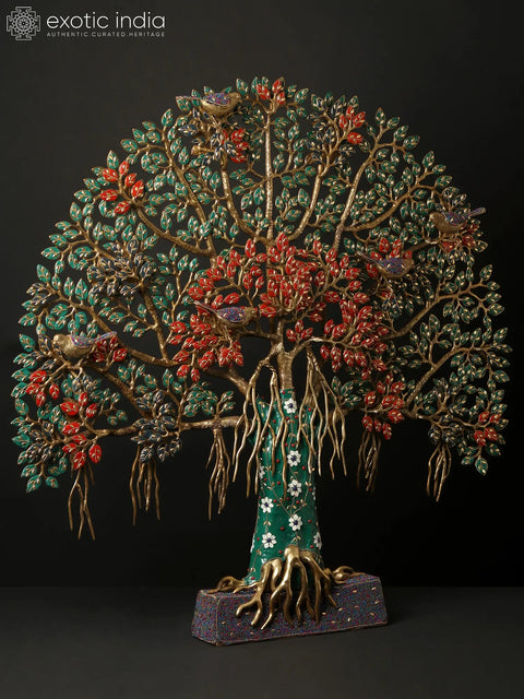 34" Large Tree of Life with Perched Birds | Brass With Inlay Work