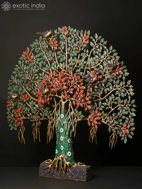 34" Large Tree of Life with Perched Birds | Brass With Inlay Work