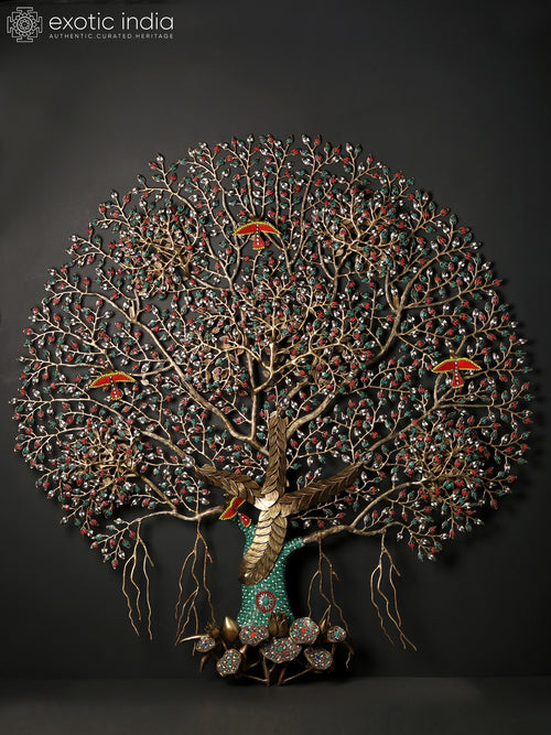 51" Large Brass Tree of Life Wall Hanging with Birds and Inlay Work