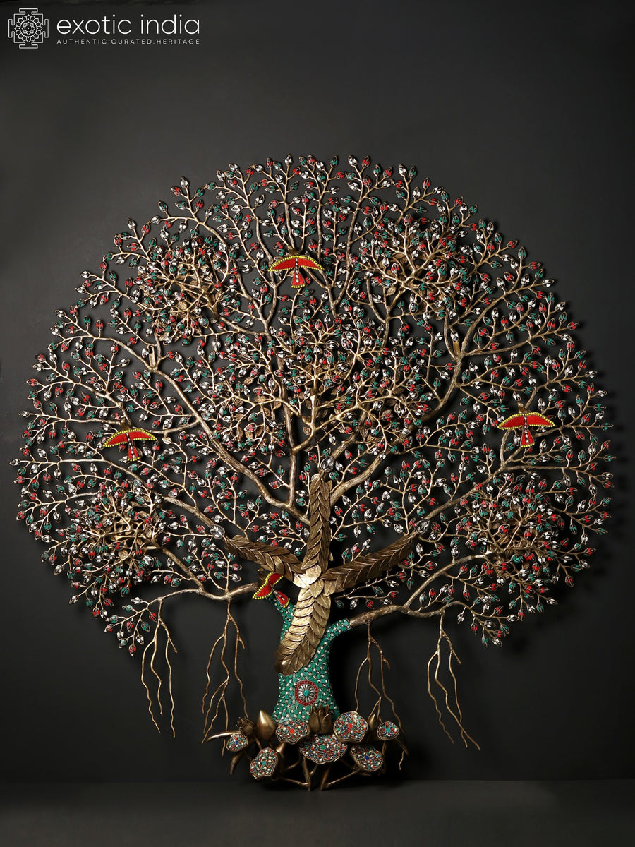 51" Large Brass Tree of Life Wall Hanging with Birds and Inlay Work