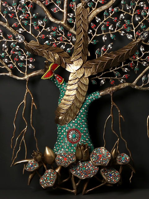 51" Large Wall Hanging Tree of Life with Beautiful Birds | Brass with Inlay Work