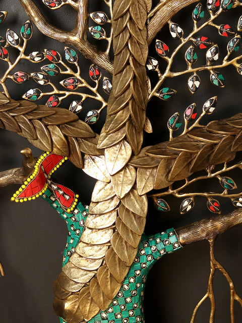 51" Large Wall Hanging Tree of Life with Beautiful Birds | Brass with Inlay Work