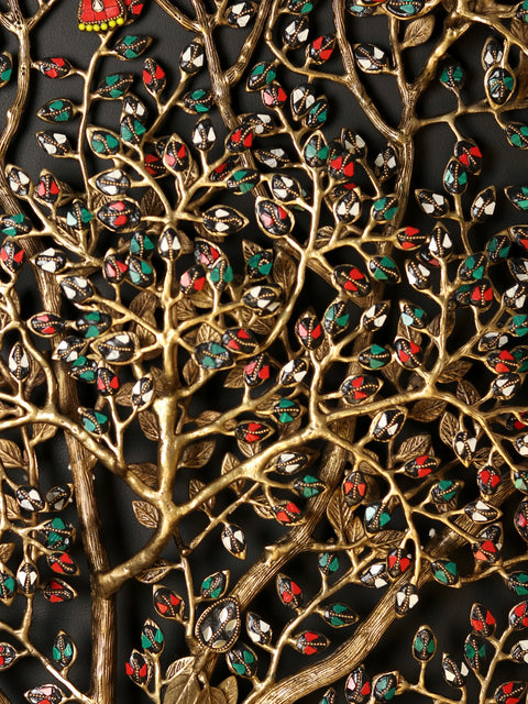 51" Large Wall Hanging Tree of Life with Beautiful Birds | Brass with Inlay Work