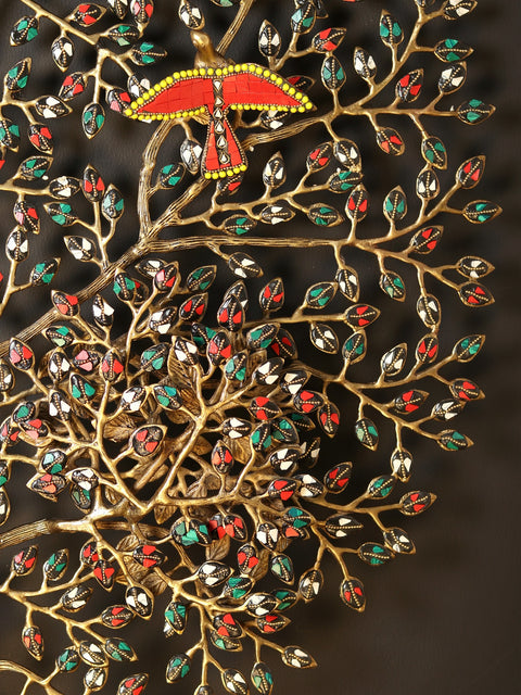 51" Large Wall Hanging Tree of Life with Beautiful Birds | Brass with Inlay Work