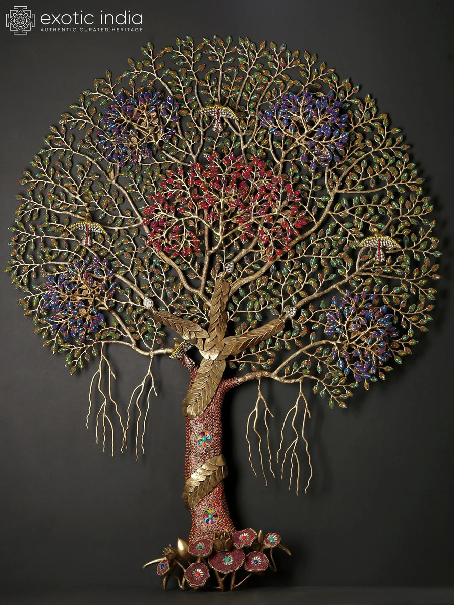 61" Large Brass Tree of Life Wall Hanging with Inlay Work
