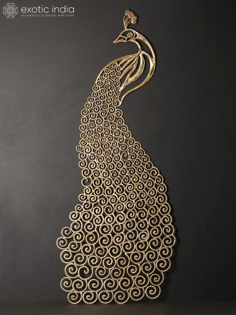 63" Large Brass Peacock with Long Tail | Wall Decor