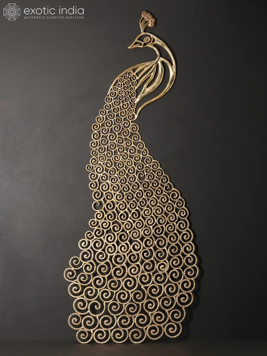 63" Large Brass Peacock Statue with Long Tail for Wall Decor