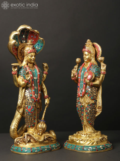 17" Standing Lakshmi Narayan (Vishnu Lakshmi) | Brass Statues with Inlay Work