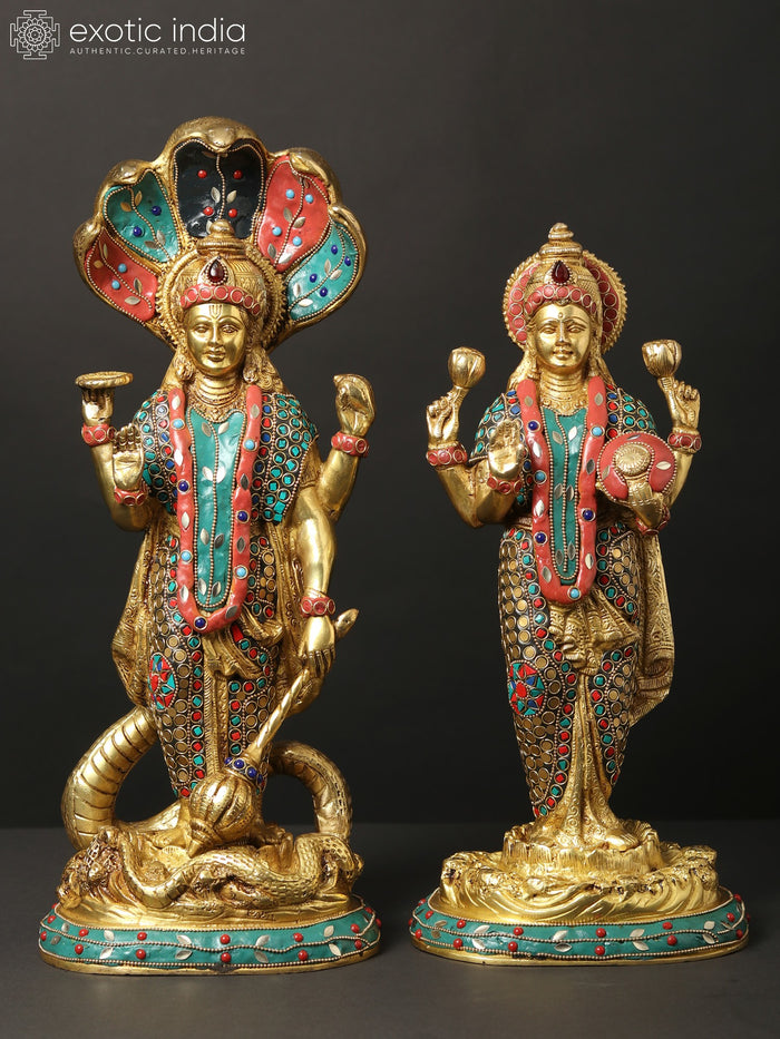 17" Standing Lakshmi Narayan Brass Statue with Inlay Work