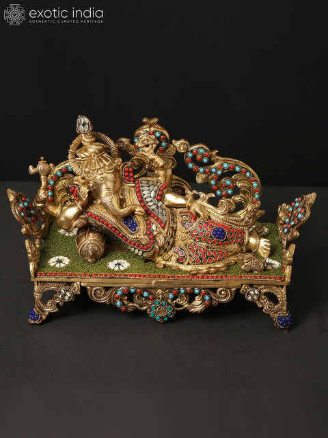 14" Relaxing Lord Ganesha Idol | Brass Statue with Inlay Work