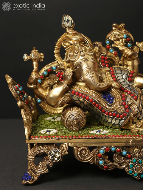 14" Relaxing Lord Ganesha Idol | Brass Statue with Inlay Work