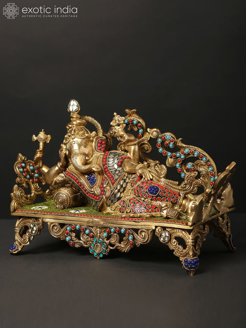 14" Relaxing Lord Ganesha Idol | Brass Statue with Inlay Work