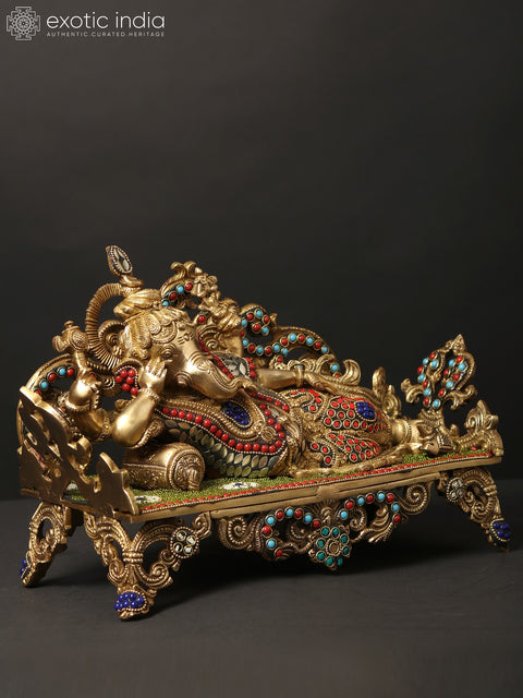 14" Relaxing Lord Ganesha Idol | Brass Statue with Inlay Work