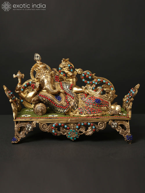 14" Lord Ganesha Brass Idol with Inlay Work Handmade