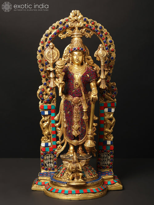 16" Standing Lord Vishnu on Kirtimukha Throne Brass Statue with Garuda