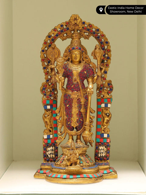 16" Standing Lord Vishnu on Kirtimukha Throne with Garuda | Brass Statue with Inlay Work