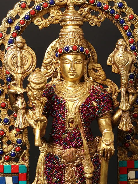16" Standing Lord Vishnu on Kirtimukha Throne with Garuda | Brass Statue with Inlay Work
