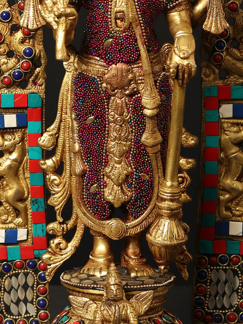 16" Standing Lord Vishnu on Kirtimukha Throne with Garuda | Brass Statue with Inlay Work
