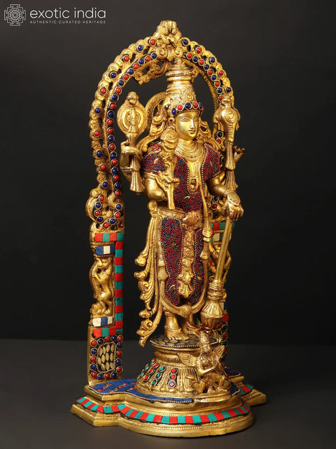 16" Standing Lord Vishnu on Kirtimukha Throne with Garuda | Brass Statue with Inlay Work