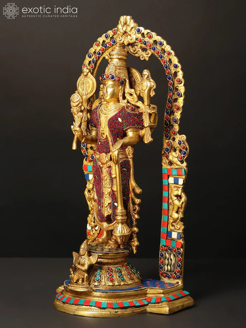 16" Standing Lord Vishnu on Kirtimukha Throne with Garuda | Brass Statue with Inlay Work