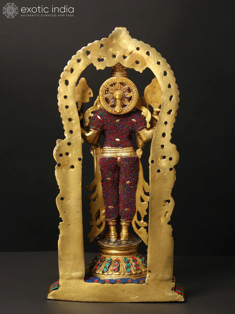 16" Standing Lord Vishnu on Kirtimukha Throne with Garuda | Brass Statue with Inlay Work