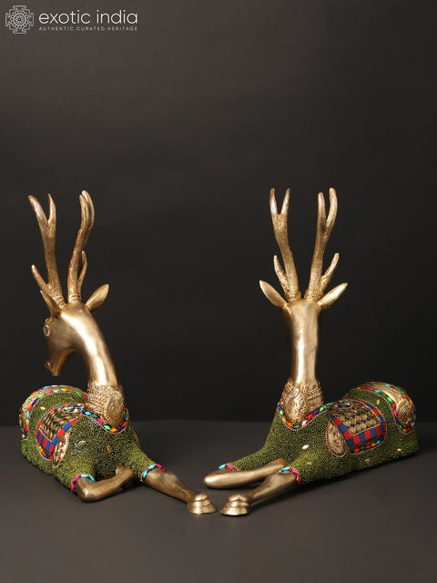 13" Pair of Cute Baby Deers | Brass Statues with Inlay Work