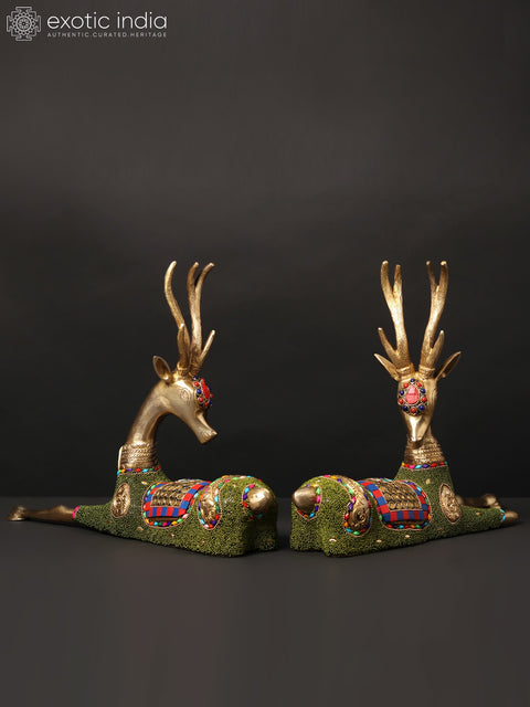 13" Pair of Cute Baby Deers | Brass Statues with Inlay Work