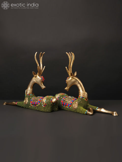 13" Pair of Cute Baby Deers | Brass Statues with Inlay Work