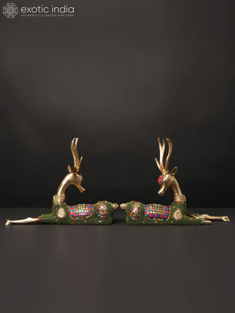13" Pair of Cute Baby Deers | Brass Statues with Inlay Work