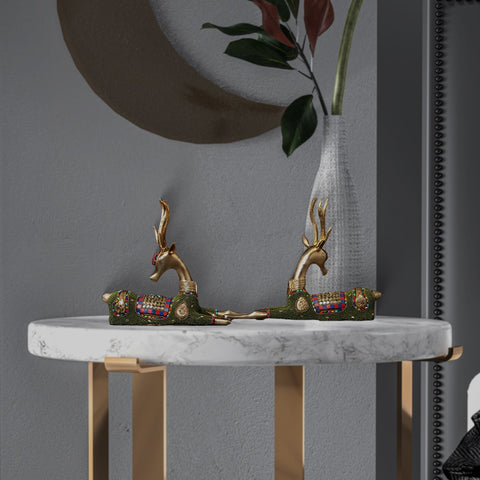 13" Pair of Cute Baby Deers | Brass Statues with Inlay Work