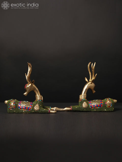 13" Pair of Cute Baby Deers | Brass Statues with Inlay Work