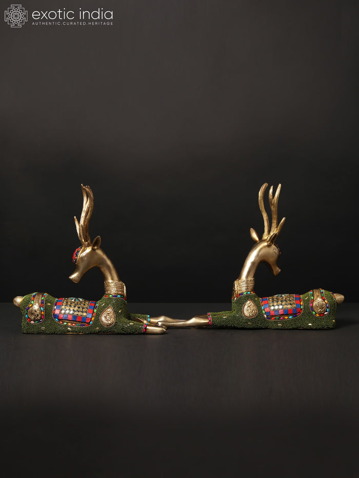 13" Pair of Cute Baby Deers Brass Statues with Inlay Work