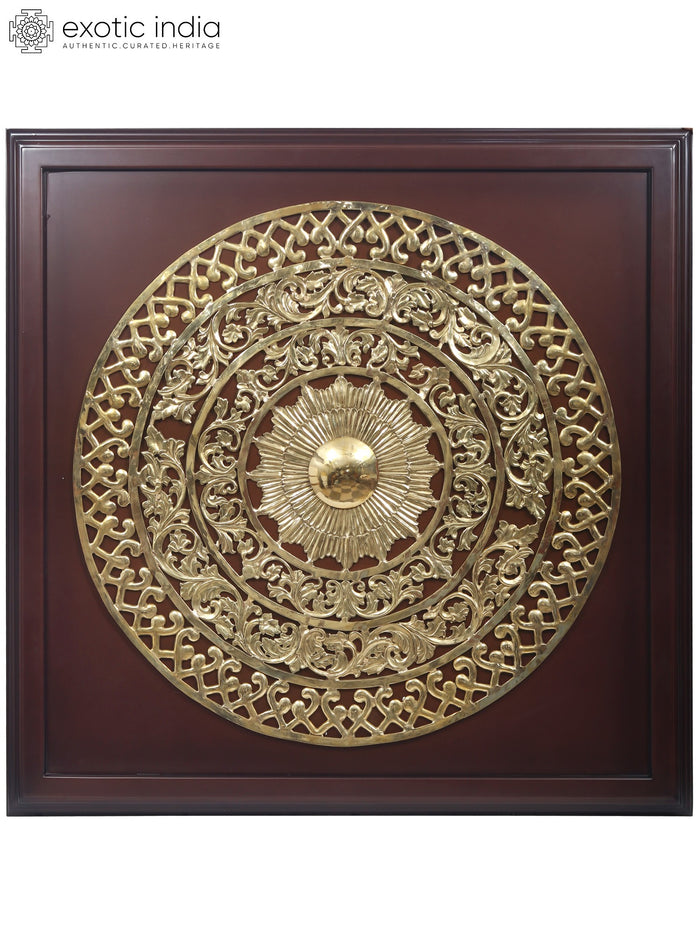 48" Large Wood Framed Mandala Art in Brass | Wall Hanging