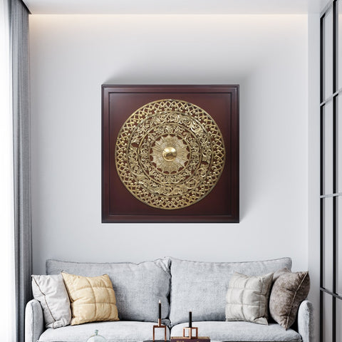 48" Large Wood Framed Mandala Art in Brass | Wall Hanging