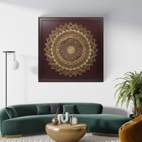 48" Large Brass Mandala on Wooden Frame | Wall Hanging