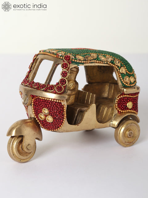 4" Small Decorative Brass Auto-Rickshaw with Inlay Work