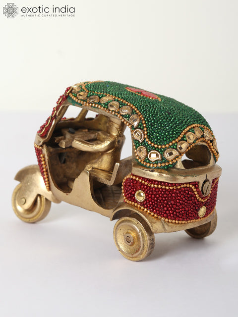 4" Small Decorative Brass Auto-Rickshaw with Inlay Work