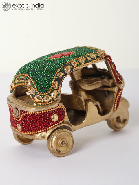 4" Small Decorative Brass Auto-Rickshaw with Inlay Work