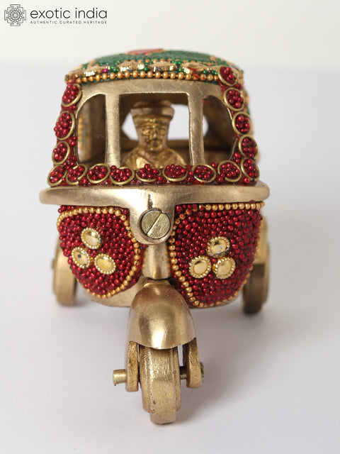4" Small Decorative Brass Auto-Rickshaw with Inlay Work