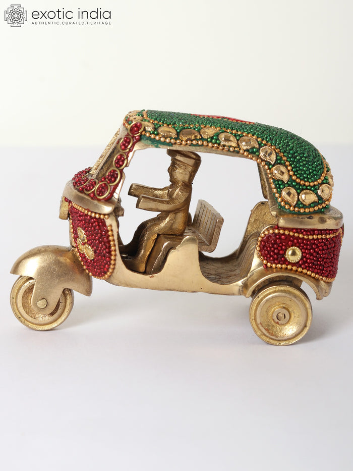 4" Decorative Brass Auto-Rickshaw Statue with Inlay Work
