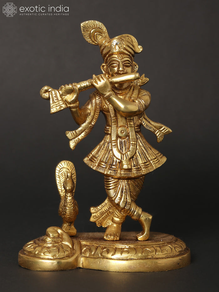 6" Lord Krishna with Flute Peacock Brass Idol
