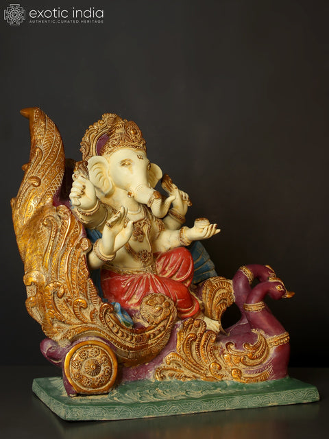 21" Colorful Blessing Lord Ganesha on Swan Chariot | Brass Statue