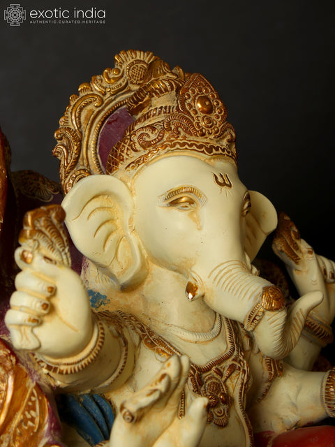 21" Colorful Blessing Lord Ganesha on Swan Chariot | Brass Statue