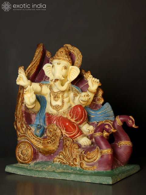 21" Colorful Blessing Lord Ganesha on Swan Chariot | Brass Statue