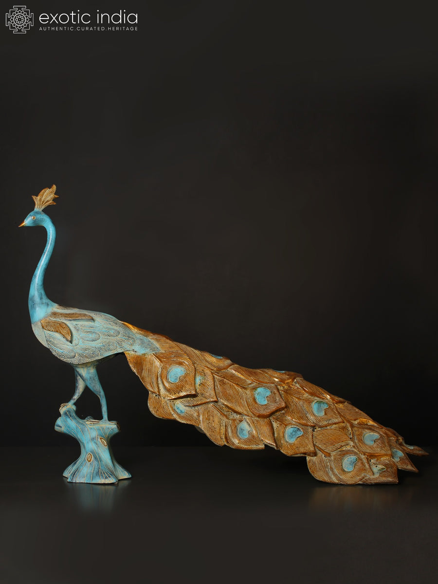 36" Large Brass Peacock Statue for Home Decor