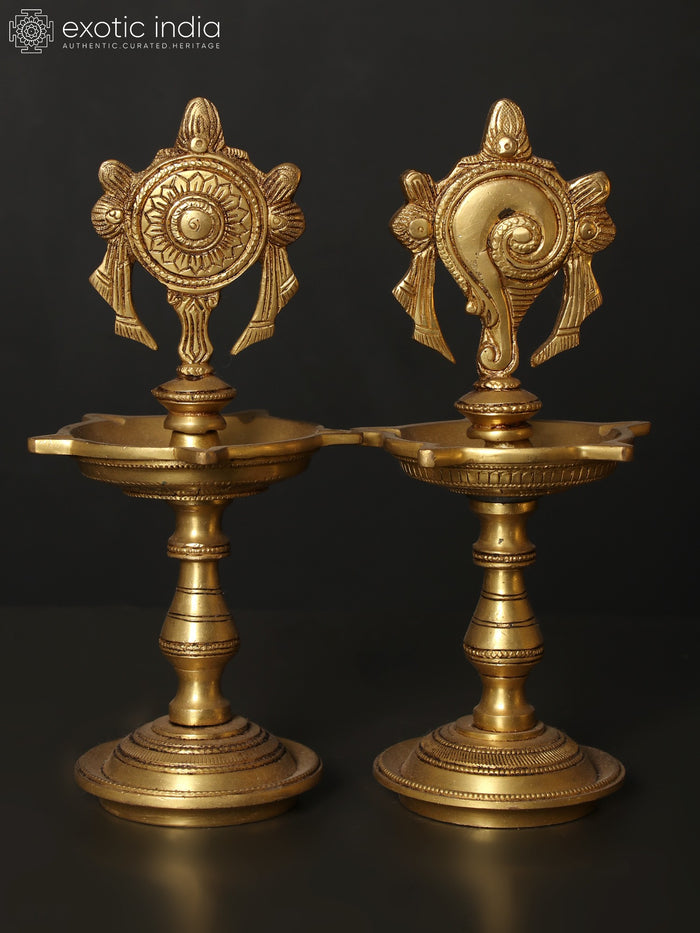 8" Brass Multi Wick Conch and Chakra Lamp Pair for Pooja