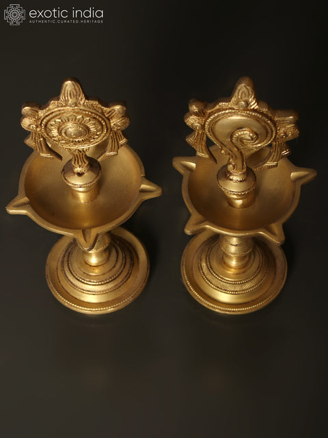 8" Pair of Multi Wicks Conch and Chakra Lamp in Brass